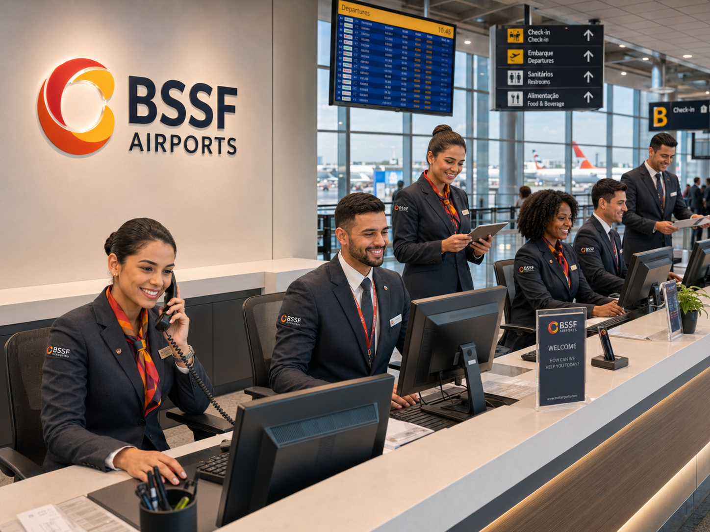 Equipe BSSF Airports no balcão de check-in